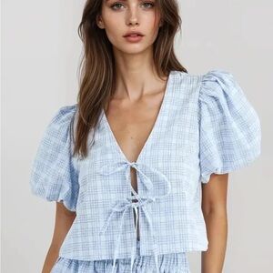 MABLE Sky Blue Checkered Puff Sleeve Blouse